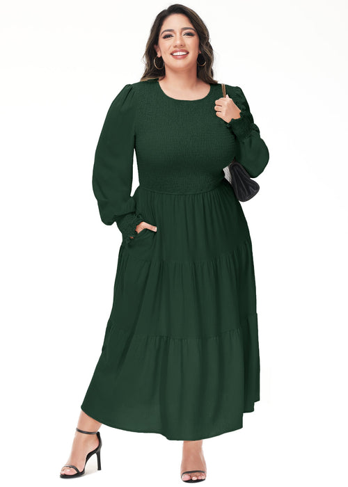 Anna-Kaci Women's Plus Size Casual Poet Long Sleeve Smocked Dress Crewneck Flowy Tiered Midi Dress by Anna-Kaci