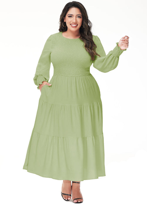 Anna-Kaci Women's Plus Size Casual Poet Long Sleeve Smocked Dress Crewneck Flowy Tiered Midi Dress by Anna-Kaci