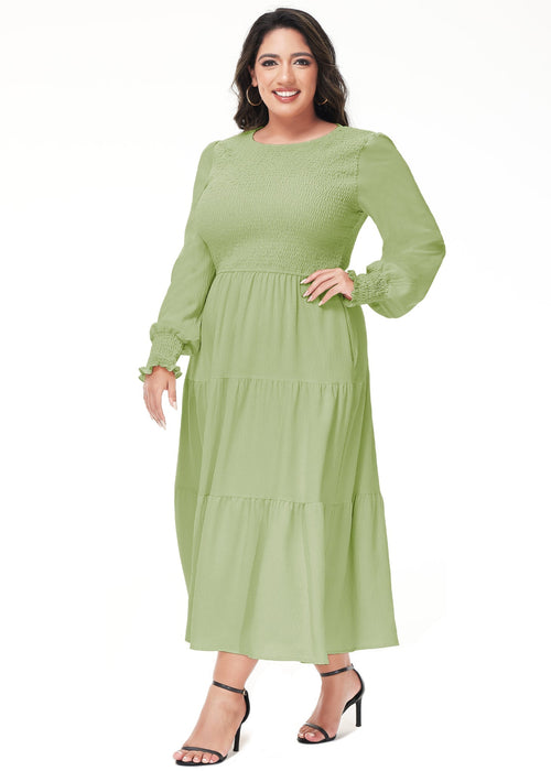 Anna-Kaci Women's Plus Size Casual Poet Long Sleeve Smocked Dress Crewneck Flowy Tiered Midi Dress by Anna-Kaci