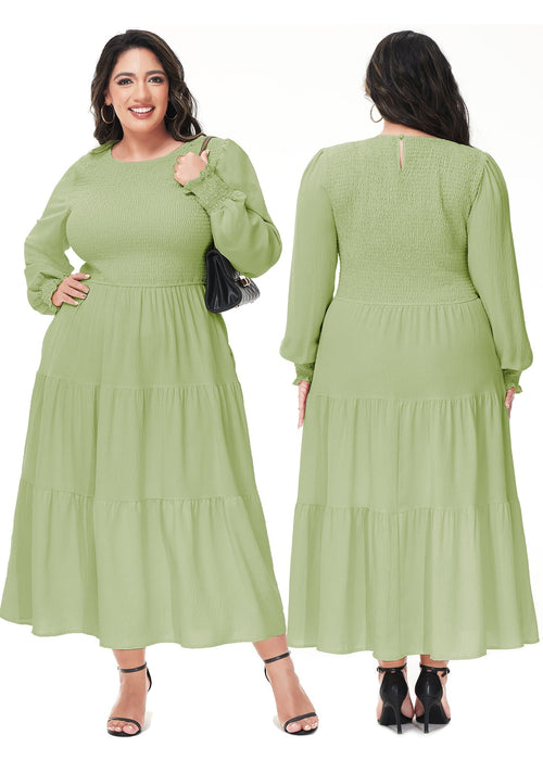 Anna-Kaci Women's Plus Size Casual Poet Long Sleeve Smocked Dress Crewneck Flowy Tiered Midi Dress by Anna-Kaci