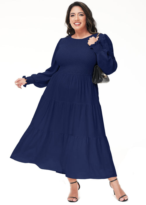 Anna-Kaci Women's Plus Size Casual Poet Long Sleeve Smocked Dress Crewneck Flowy Tiered Midi Dress by Anna-Kaci