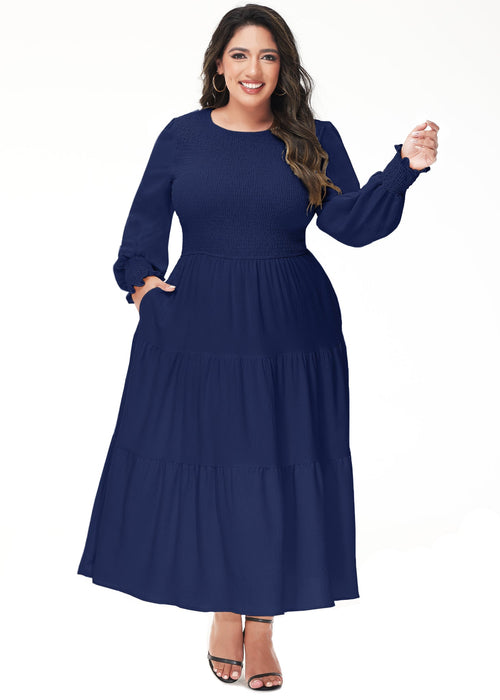 Anna-Kaci Women's Plus Size Casual Poet Long Sleeve Smocked Dress Crewneck Flowy Tiered Midi Dress by Anna-Kaci