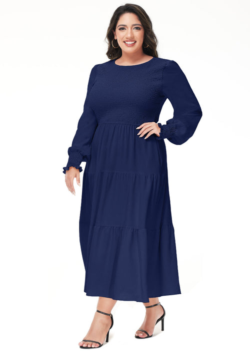 Anna-Kaci Women's Plus Size Casual Poet Long Sleeve Smocked Dress Crewneck Flowy Tiered Midi Dress by Anna-Kaci