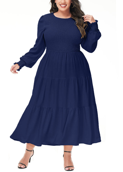 Anna-Kaci Women's Plus Size Casual Poet Long Sleeve Smocked Dress Crewneck Flowy Tiered Midi Dress by Anna-Kaci