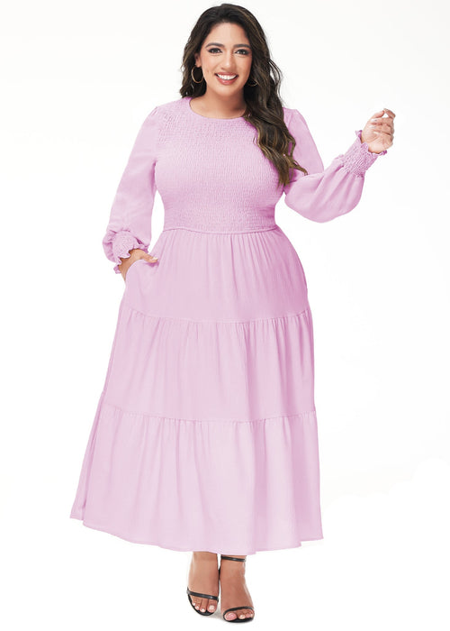 Anna-Kaci Women's Plus Size Casual Poet Long Sleeve Smocked Dress Crewneck Flowy Tiered Midi Dress by Anna-Kaci