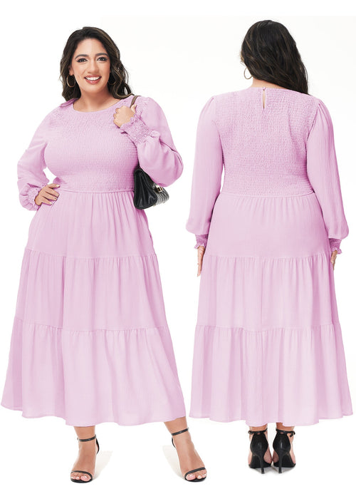 Anna-Kaci Women's Plus Size Casual Poet Long Sleeve Smocked Dress Crewneck Flowy Tiered Midi Dress by Anna-Kaci