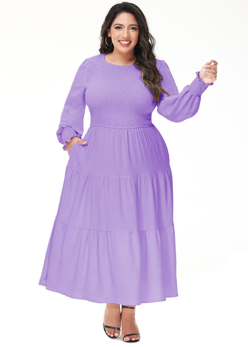 Anna-Kaci Women's Plus Size Casual Poet Long Sleeve Smocked Dress Crewneck Flowy Tiered Midi Dress by Anna-Kaci