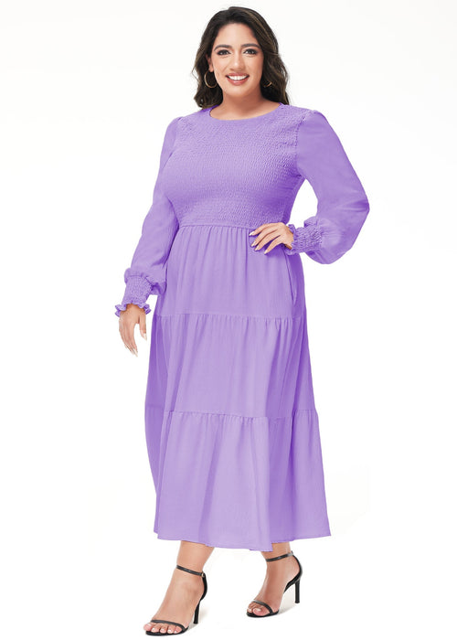 Anna-Kaci Women's Plus Size Casual Poet Long Sleeve Smocked Dress Crewneck Flowy Tiered Midi Dress by Anna-Kaci