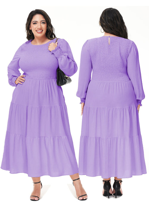 Anna-Kaci Women's Plus Size Casual Poet Long Sleeve Smocked Dress Crewneck Flowy Tiered Midi Dress by Anna-Kaci