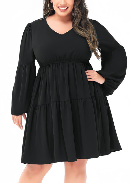 Anna-Kaci Women's Plus Size Tunic Dress V Neck Long Sleeve Smocked Casual Loose Flowy Swing Shift Dresses by Anna-Kaci