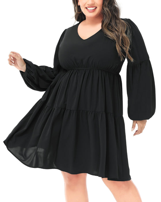 Anna-Kaci Women's Plus Size Tunic Dress V Neck Long Sleeve Smocked Casual Loose Flowy Swing Shift Dresses by Anna-Kaci