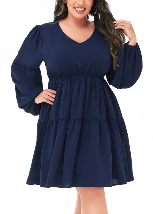 Anna-Kaci Women's Plus Size Tunic Dress V Neck Long Sleeve Smocked Casual Loose Flowy Swing Shift Dresses by Anna-Kaci