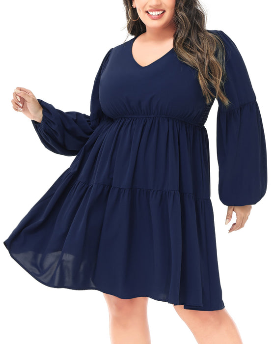 Anna-Kaci Women's Plus Size Tunic Dress V Neck Long Sleeve Smocked Casual Loose Flowy Swing Shift Dresses by Anna-Kaci