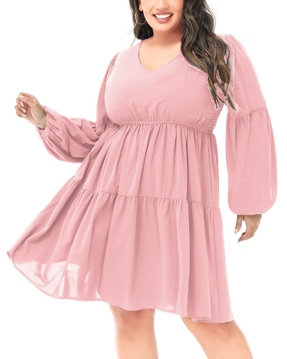 Anna-Kaci Women's Plus Size Tunic Dress V Neck Long Sleeve Smocked Casual Loose Flowy Swing Shift Dresses by Anna-Kaci