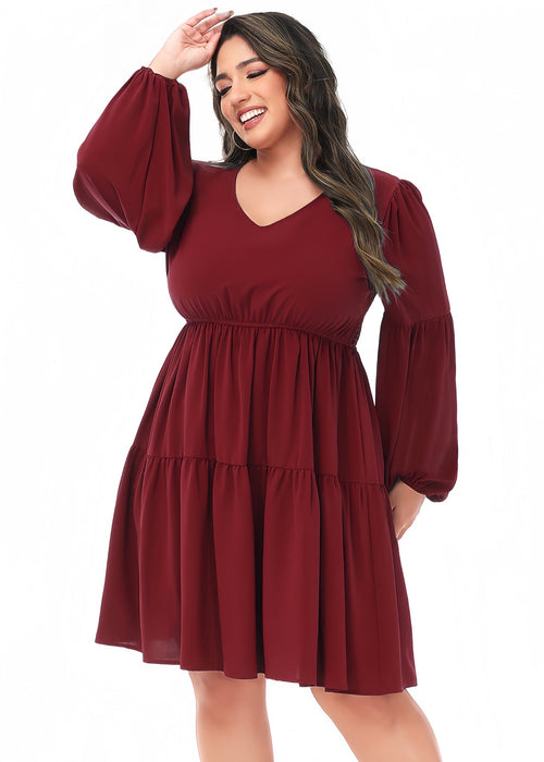 Anna-Kaci Women's Plus Size Tunic Dress V Neck Long Sleeve Smocked Casual Loose Flowy Swing Shift Dresses by Anna-Kaci