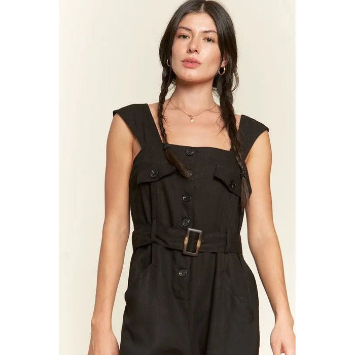 Plus Sleeveless Square Neck Button Ankle Jumpsuit