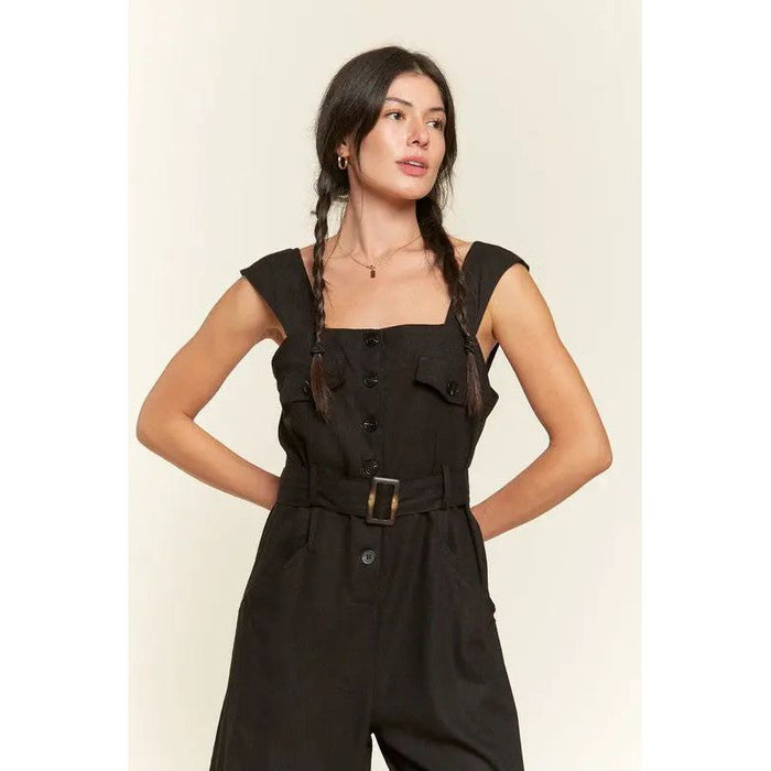 Plus Sleeveless Square Neck Button Ankle Jumpsuit