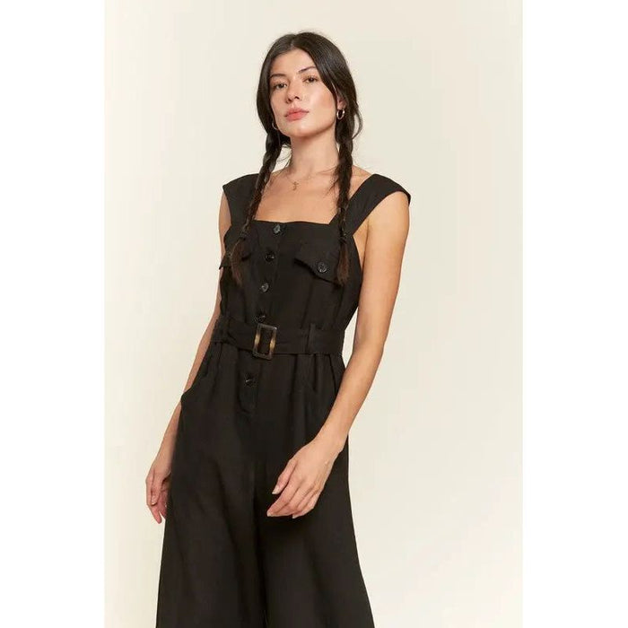 Plus Sleeveless Square Neck Button Ankle Jumpsuit