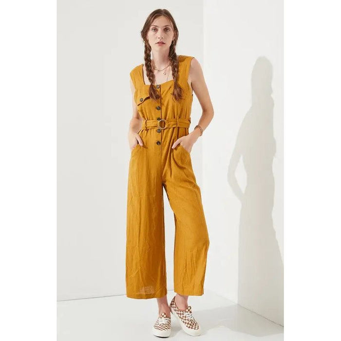 Plus Sleeveless Square Neck Button Ankle Jumpsuit