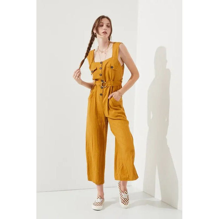 Plus Sleeveless Square Neck Button Ankle Jumpsuit