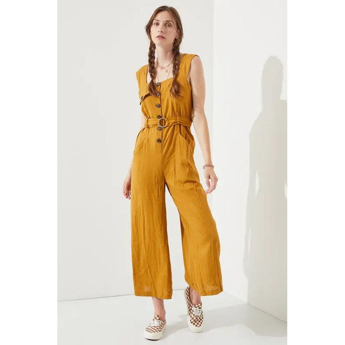 Plus Sleeveless Square Neck Button Ankle Jumpsuit