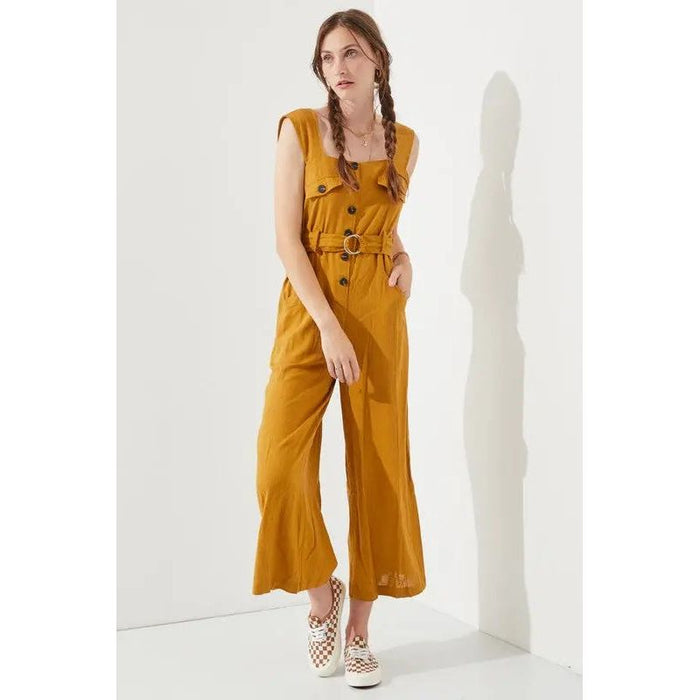 Plus Sleeveless Square Neck Button Ankle Jumpsuit