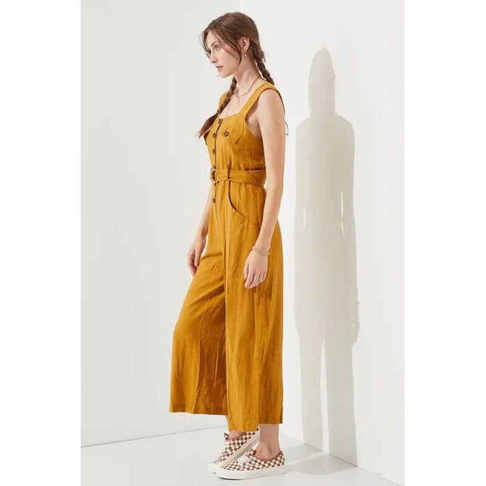 Plus Sleeveless Square Neck Button Ankle Jumpsuit