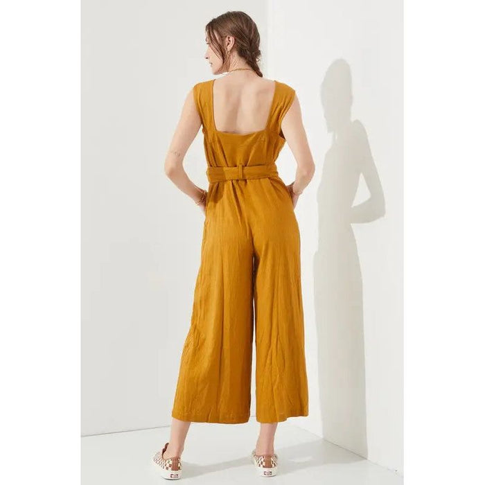 Plus Sleeveless Square Neck Button Ankle Jumpsuit