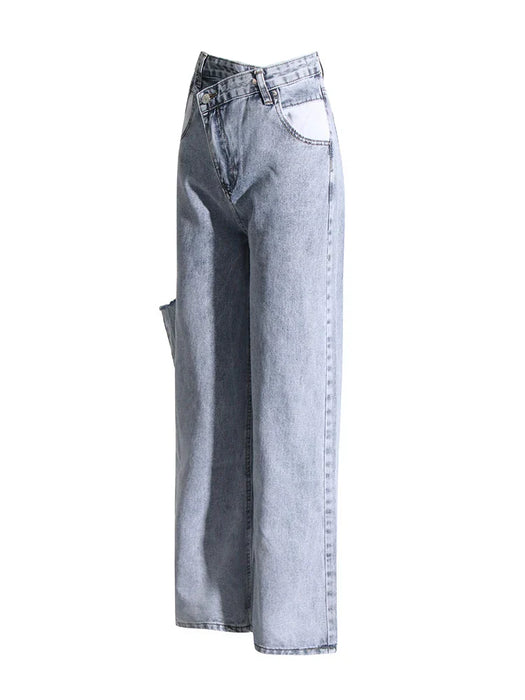 Patchwork Pockets Casual Denim Wide Leg Pants