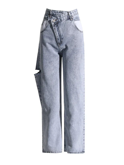 Patchwork Pockets Casual Denim Wide Leg Pants