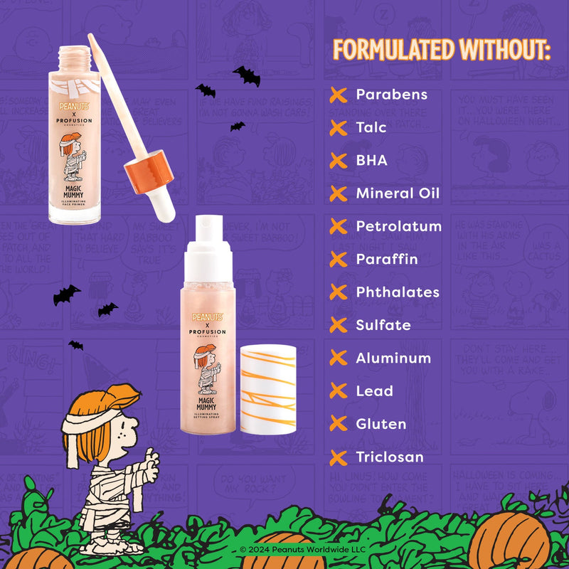 Profusion Cosmetics Peanuts Halloween | Magic Mummy Illuminating Face Primer & Setting Spray Set face