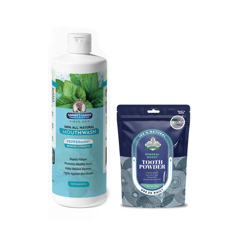 Garner's Garden Natural Mouthwash and Tooth Powder | H2O2 | Antibacterial Fluoride-Free Mouthwash White Smoke 16 oz Reduced Peppermint Mouthwash / 2 oz Regular Tooth Powder
