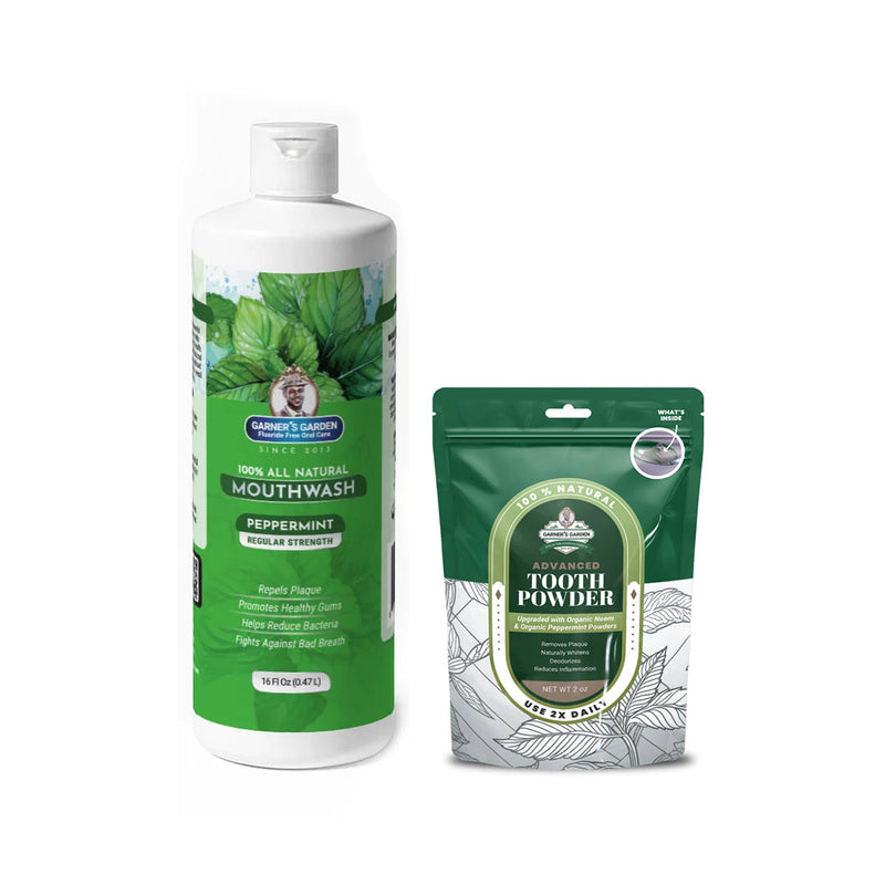 Garner's Garden Natural Mouthwash and Tooth Powder | H2O2 | Antibacterial Fluoride-Free Mouthwash White Smoke 16 oz Regular Peppermint Mouthwash / 2oz Organic Tooth Powder
