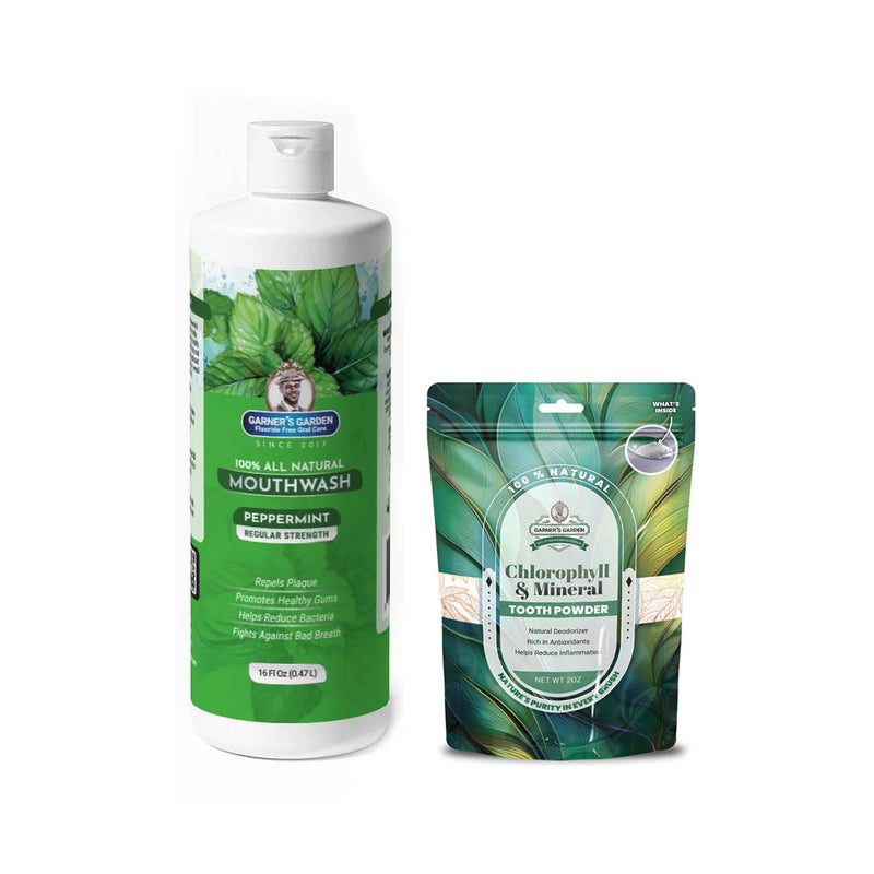 Garner's Garden Natural Mouthwash and Tooth Powder | H2O2 | Antibacterial Fluoride-Free Mouthwash White Smoke 16 oz Regular Peppermint Mouthwash / 2oz Chlorophyll Tooth Powder