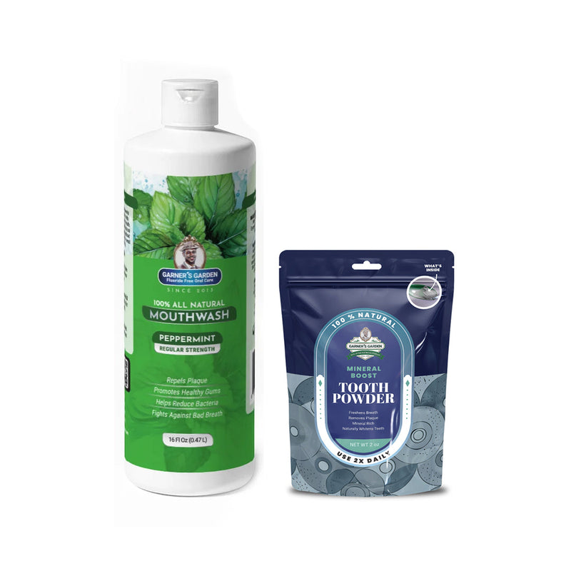 Garner's Garden Natural Mouthwash and Tooth Powder | H2O2 | Antibacterial Fluoride-Free Mouthwash White Smoke 16 oz Regular Peppermint Mouthwash / 2 oz Regular Tooth Powder