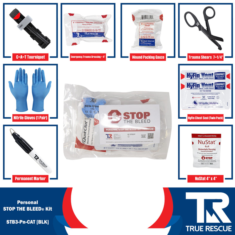 True Rescue Personal STB Kit Bleeding Control Kit White Smoke Premium - With NuStat 4"x4" Hemostatic Dressing / C-A-T® Gen 7 Tourniquet (Black)