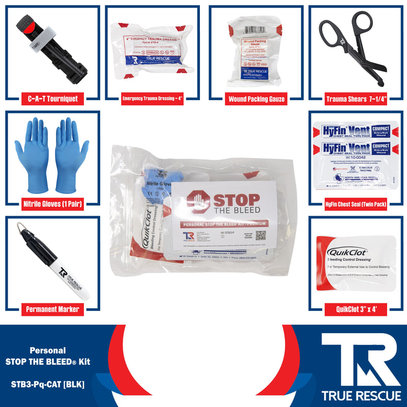 True Rescue Personal STB Kit Bleeding Control Kit White Smoke Premium - With QuikClot 3"x 4 yd Hemostatic Dressing / C-A-T® Gen 7 Tourniquet (Black)