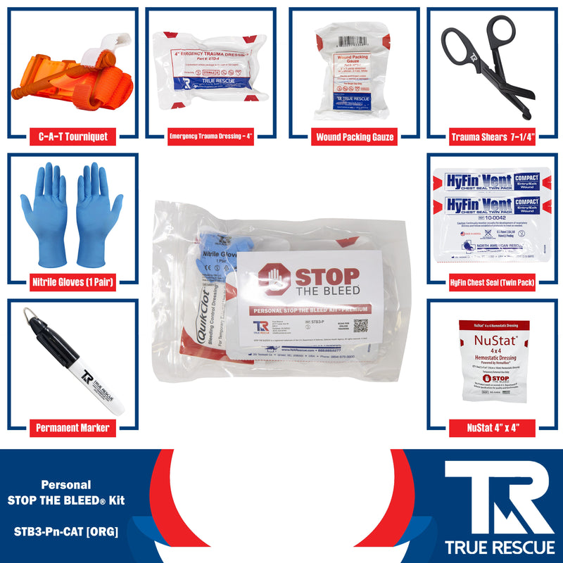 True Rescue Personal STB Kit Bleeding Control Kit White Smoke Premium - With NuStat 4"x4" Hemostatic Dressing / C-A-T® Gen 7 Tourniquet (Orange)