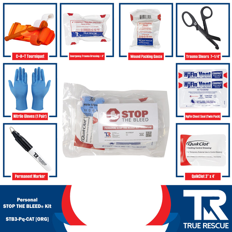True Rescue Personal STB Kit Bleeding Control Kit White Smoke Premium - With QuikClot 3"x 4 yd Hemostatic Dressing / C-A-T® Gen 7 Tourniquet (Orange)