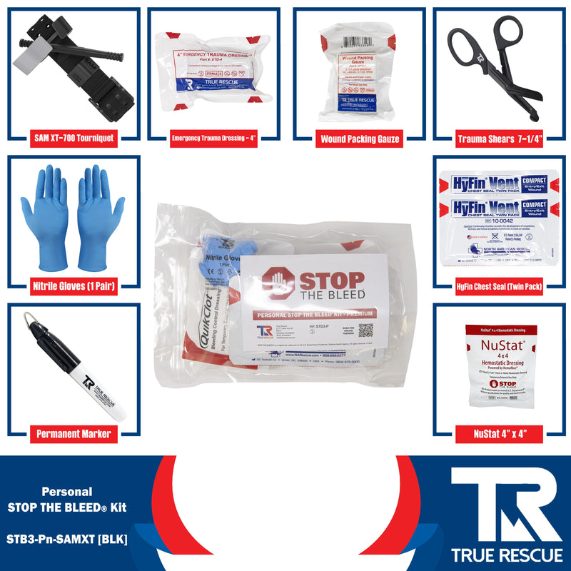 True Rescue Personal STB Kit Bleeding Control Kit White Smoke Premium - With NuStat 4"x4" Hemostatic Dressing / SAM XT-700 Tourniquet (Black)