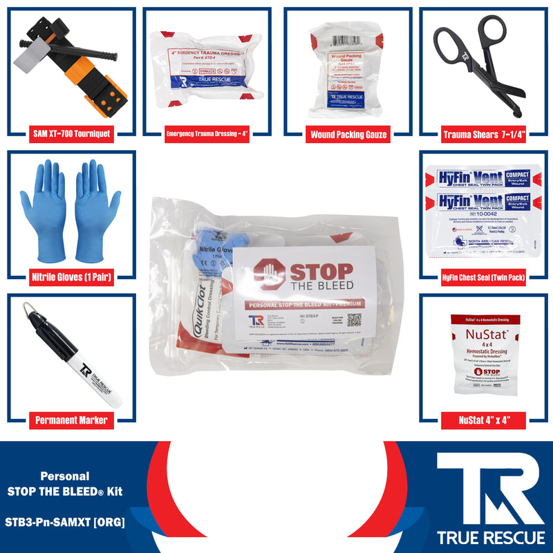 True Rescue Personal STB Kit Bleeding Control Kit White Smoke Premium - With NuStat 4"x4" Hemostatic Dressing / SAM XT-700 Tourniquet (Orange)