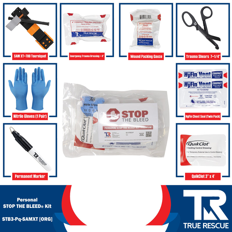 True Rescue Personal STB Kit Bleeding Control Kit White Smoke Premium - With QuikClot 3"x 4 yd Hemostatic Dressing / SAM XT-700 Tourniquet (Orange)