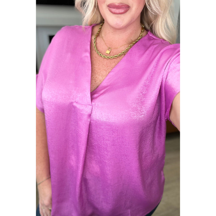 Pleat Front V-Neck Top in Spring Orchid