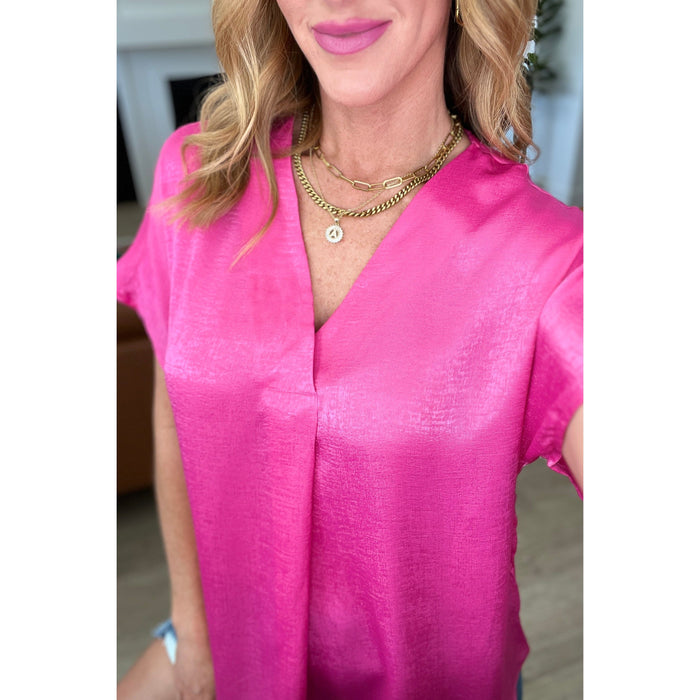 Pleat Front V-Neck Top in Hot Pink