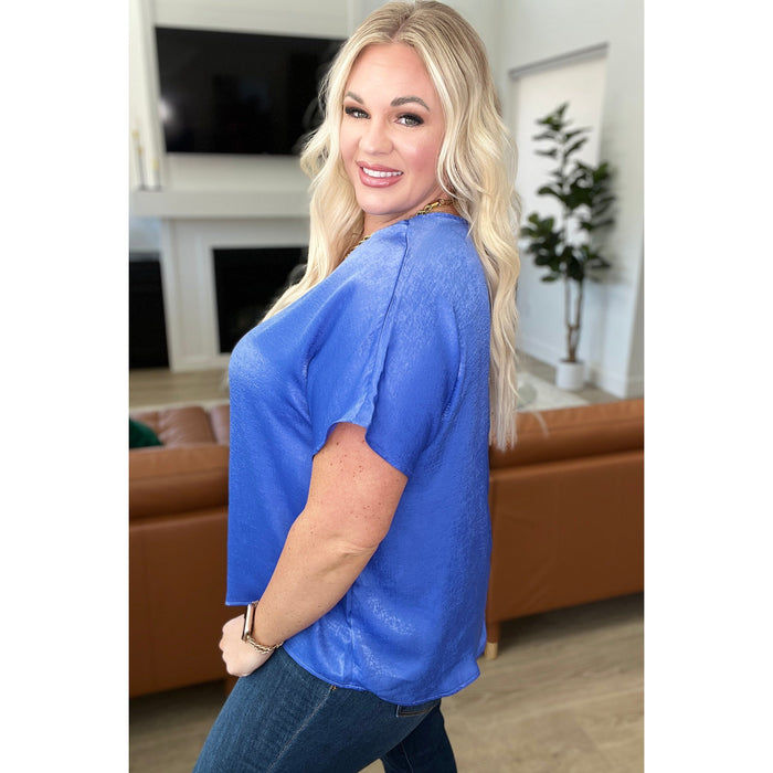 Pleat Front V-Neck Top in Royal Blue