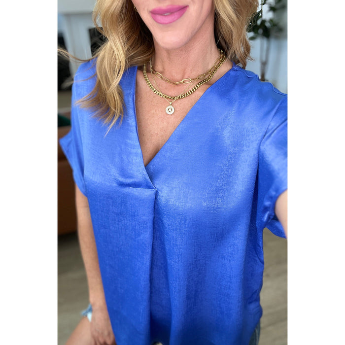 Pleat Front V-Neck Top in Royal Blue