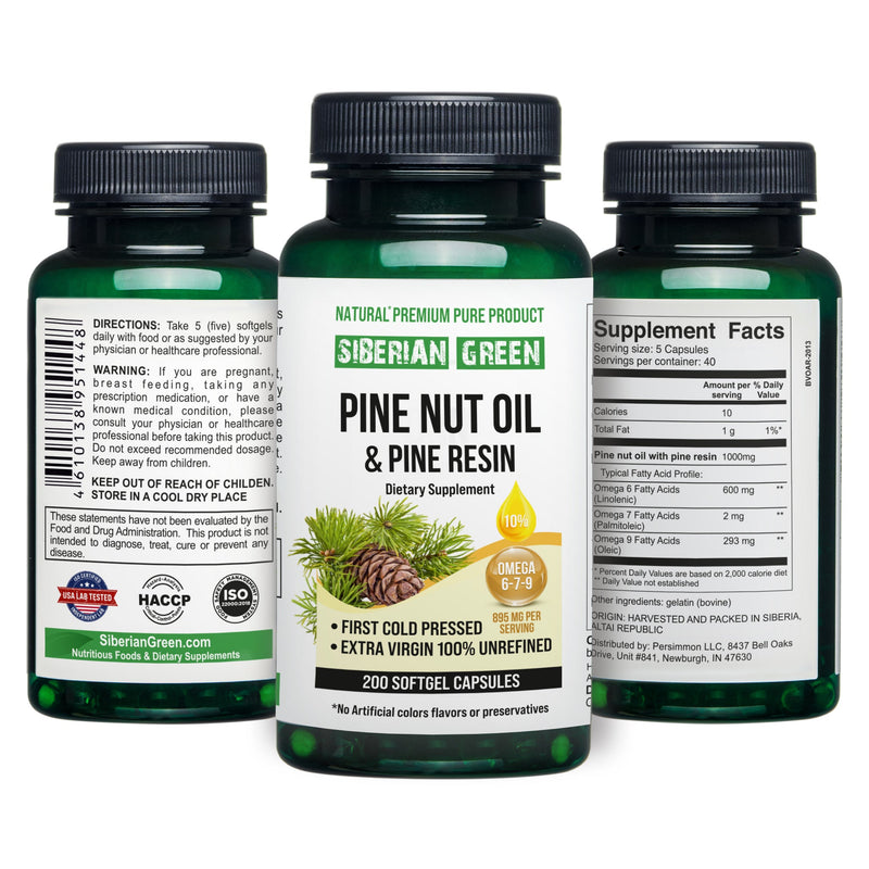 SiberianGreen.com Siberian Pine Nut Oil with Pine Resin Capsules - 200 Softgels | Wild-Harvested, Cold-Pressed, Unrefined Cooking Oils