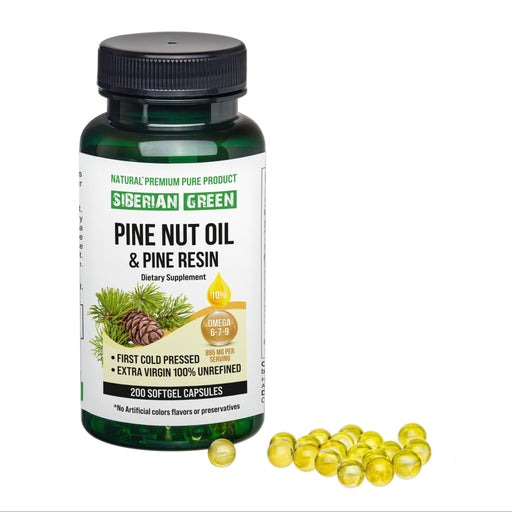 SiberianGreen.com Siberian Pine Nut Oil with Pine Resin Capsules - 200 Softgels | Wild-Harvested, Cold-Pressed, Unrefined Cooking Oils