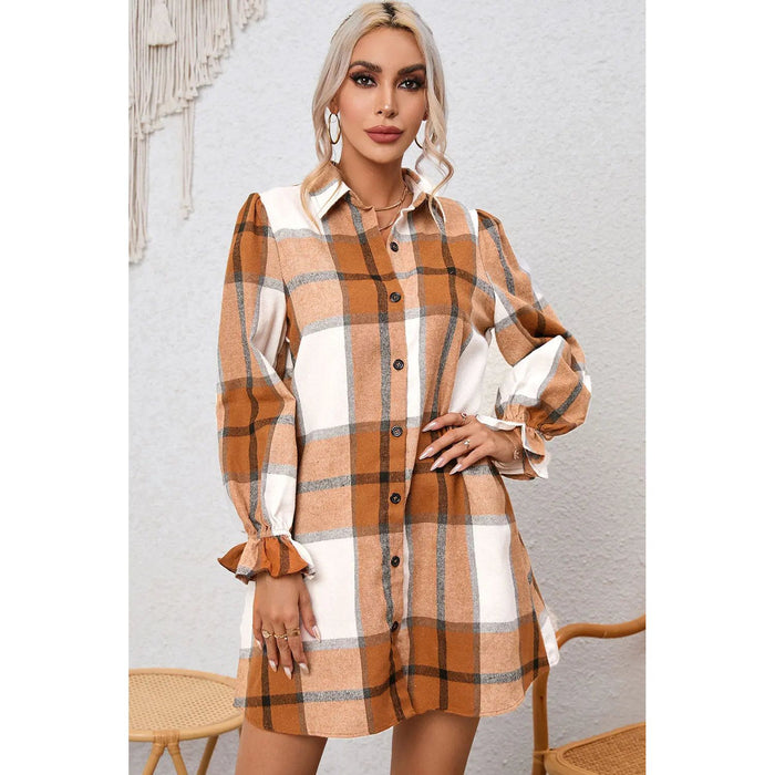 Plaid Collared Neck Flounce Sleeve Shirt Dress