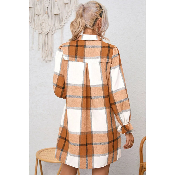 Plaid Collared Neck Flounce Sleeve Shirt Dress